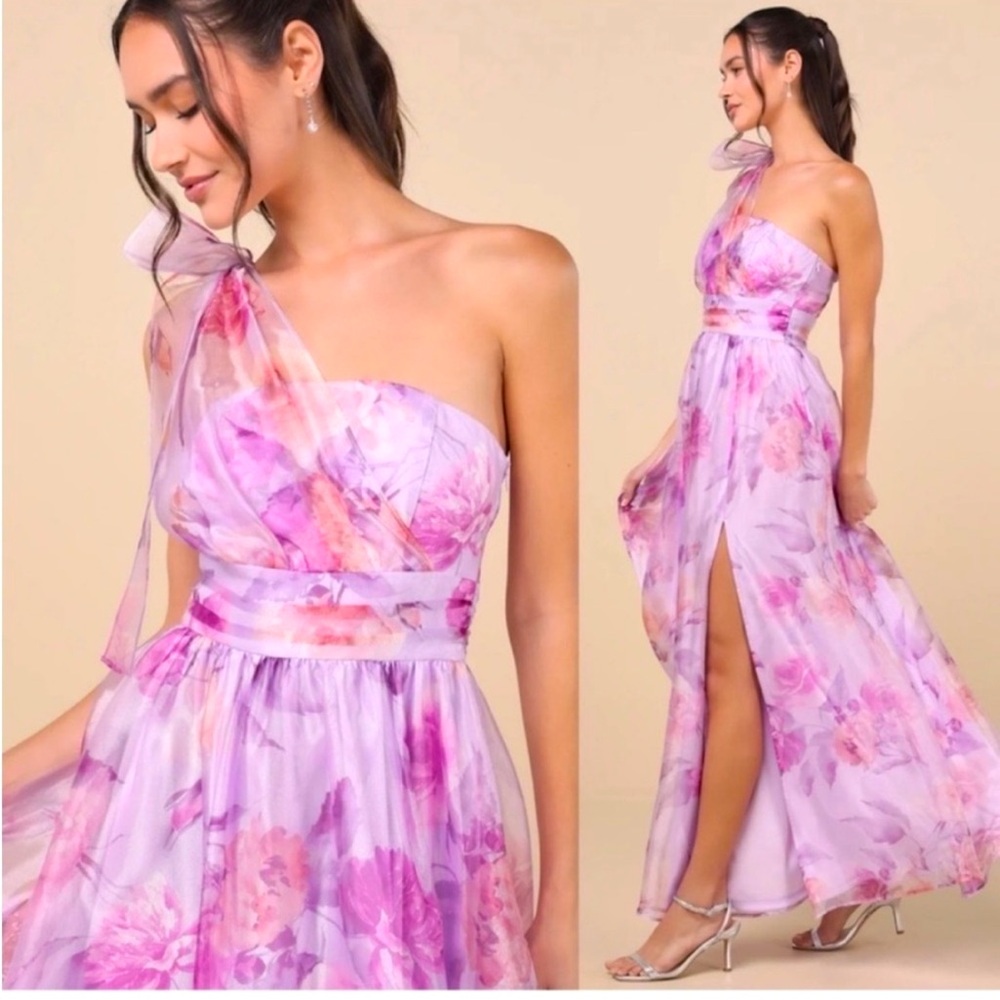 Lulu’s Dramatically Lovely Lavender Floral One-Shoulder Maxi Dress